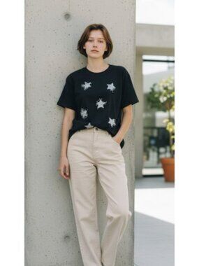 FADED GLORY Black Sparkly Sequin Star Short Sleeved Top Girls 14-16
